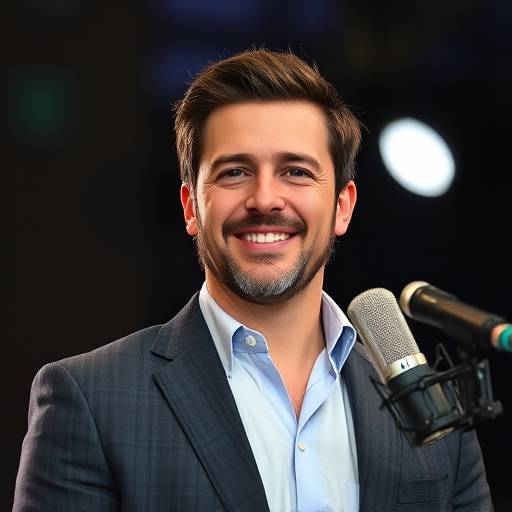Image of Elias Vance, CEO of SoundWave Central, giving a keynote speech at a podcasting event, highlighting leadership in the industry.